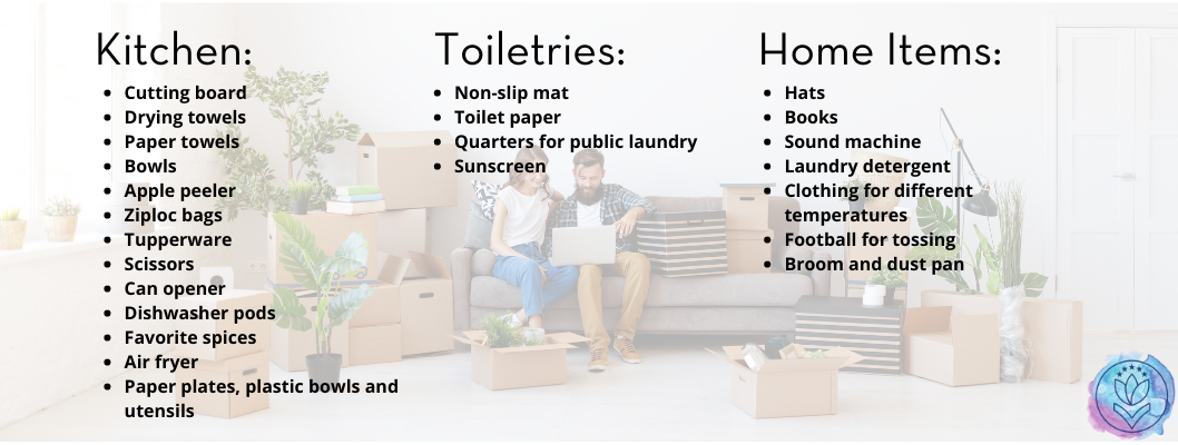 list of items you might need for an extended stay with moving background