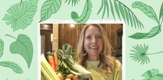 green leaves on green background with woman holding vegetables