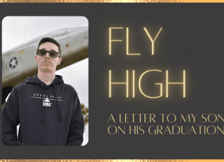 Fly High: A Letter to my Son on his Graduation on brown background with gold details and lettering