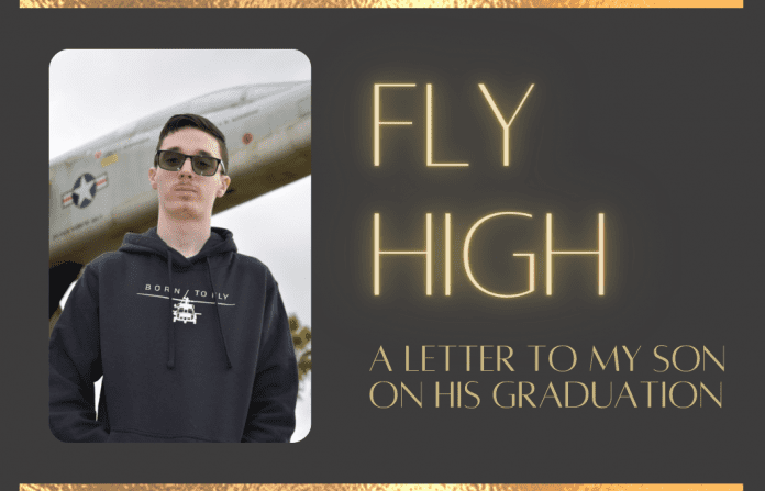 Fly High: A Letter to my Son on his Graduation on brown background with gold details and lettering