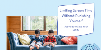 Limiting Screen Time Without Punishing Yourself: Activities to Save Your Sanity two boys on tablets on a blue couch, "Limiting Screen Time Without Punishing Yourself: Activities to Save Your Sanity" in text with MMC logo