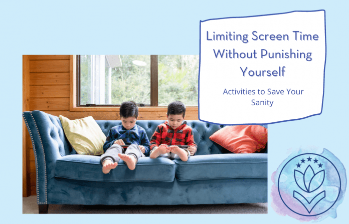 Limiting Screen Time Without Punishing Yourself two boys on tablets on a blue couch, "Limiting Screen Time Without Punishing Yourself: Activities to Save Your Sanity" in text with MMC logo