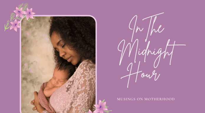 mother and baby on purple and floral background with "In the Midnight Hour, Musings on Motherhood"