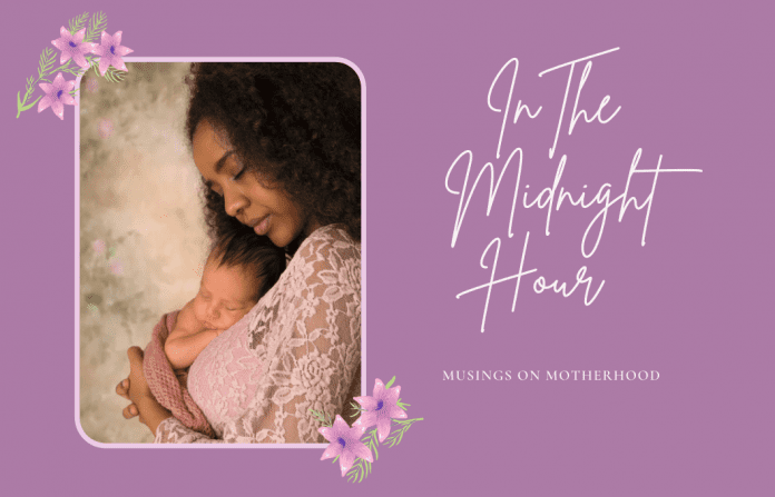 mother and baby on purple and floral background with "In the Midnight Hour, Musings on Motherhood"