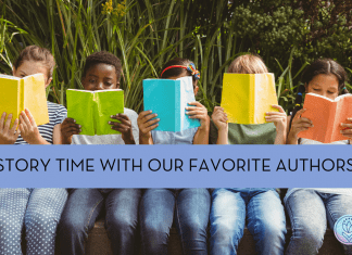 "Story time with our favorite authors" - five children of different races reading books in a row