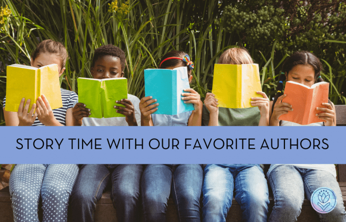 "Story time with our favorite authors" - five children of different races reading books in a row