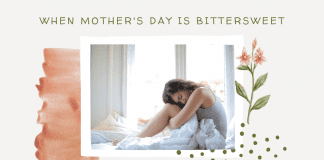 When Mother’s Day Is Bittersweet {Celebrating Amidst the Grief} woman on bed in grief with delicate pink details and "when mother's day is bittersweet" in text