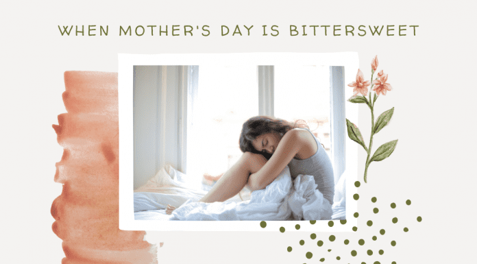 woman on bed in grief with delicate pink details and "when mother's day is bittersweet" in text