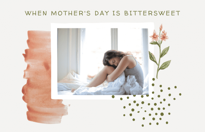 woman on bed in grief with delicate pink details and "when mother's day is bittersweet" in text