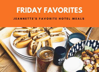 Sandwiches and salad on platter with "Friday Favorites: Jeannette's Favorite Hotel Meals