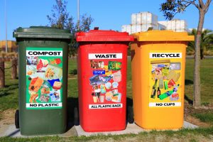 compost, waste, and recycle bins