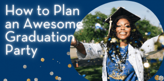 How to Throw an Awesome Graduation Party Graduate throwing confetti with "How to Plan an Awesome Graduation Party" in text