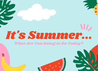 aqua background with pineapple, banana, watermelon, and palm leaves with "It's Summer...What Are You Going to Do Today?" in text