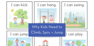 Why Kids Need to Climb, Spin, + Jump kids cartoon drawings with various movements and "Why Kids Need to Climb, Spin, + Jump" in text