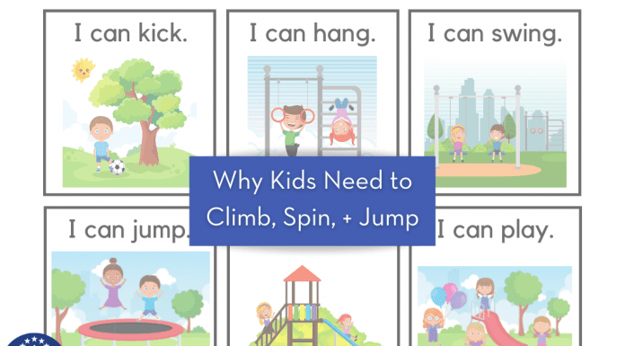 kids cartoon drawings with various movements and "Why Kids Need to Climb, Spin, + Jump" in text