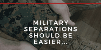 Military Separations SHOULD Be Easier, But They Never Are man in military uniform pulling over boots with "Military Separations Should Be Easier...But They Never Are" in text