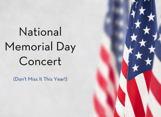 American flags with "National Memorial Day Concert, Don't Miss it This Year!" in text