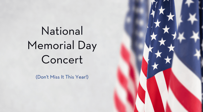 American flags with "National Memorial Day Concert, Don't Miss it This Year!" in text