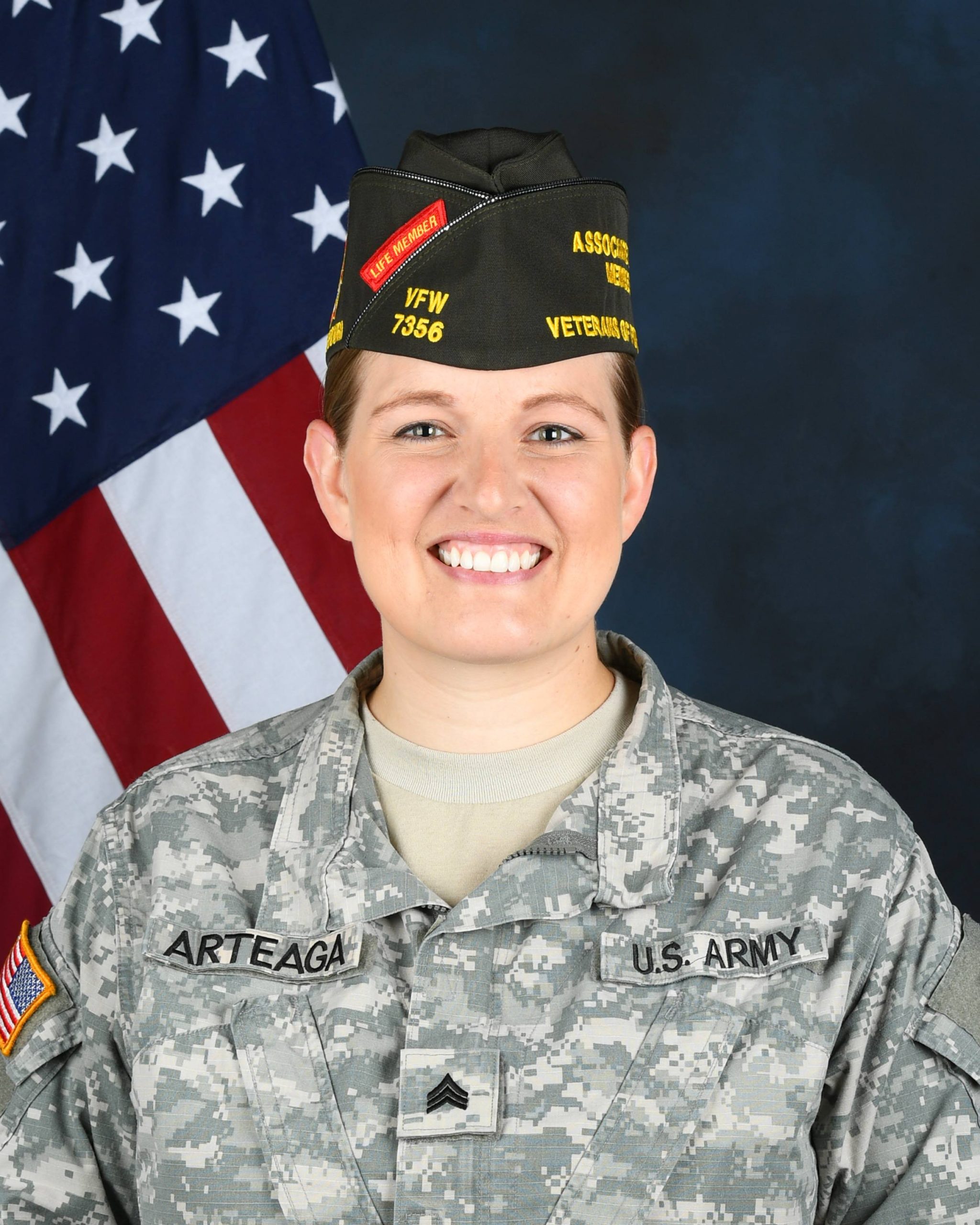 Tara Arteaga headshot in military uniform with VFW beret