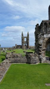 The remains of St Andrew's cathedral in Scotland can be seen. Low parts of walls remain and some taller archways. There is a bright blue sky in the background and green grass is growing amongst the ruins.