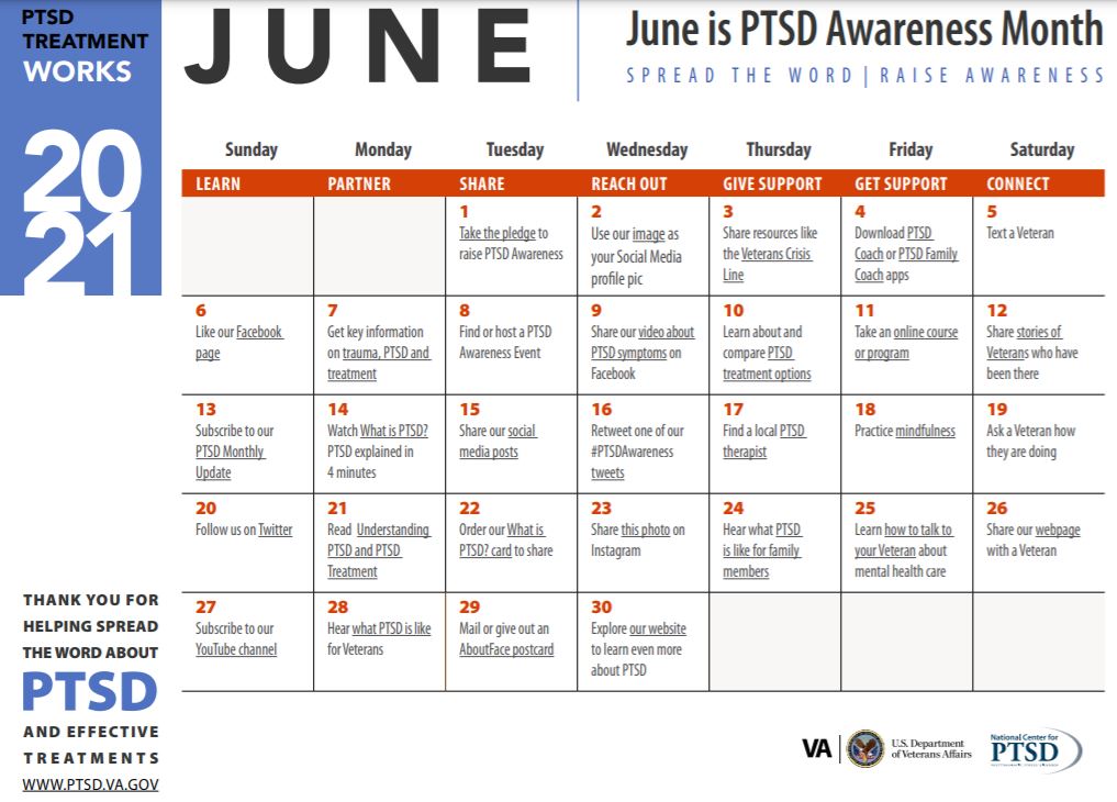 calendar of June PTSD awareness activities from the VA