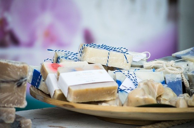 Artisan made soaps wrapped with string in a dish