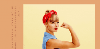Why Every Military Spouse Should Describe Themselves as Fierce strong woman with denim shirt and bandana with "Why Every Spouse Should Describe Themselves as a Fierce Military Spouse" in text