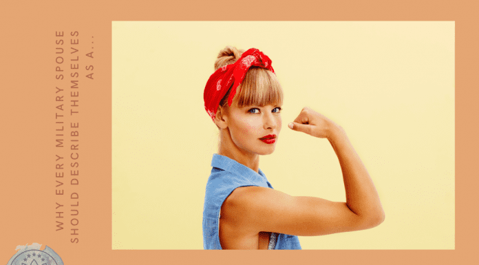 strong woman with denim shirt and bandana with "Why Every Spouse Should Describe Themselves as a Fierce Military Spouse" in text