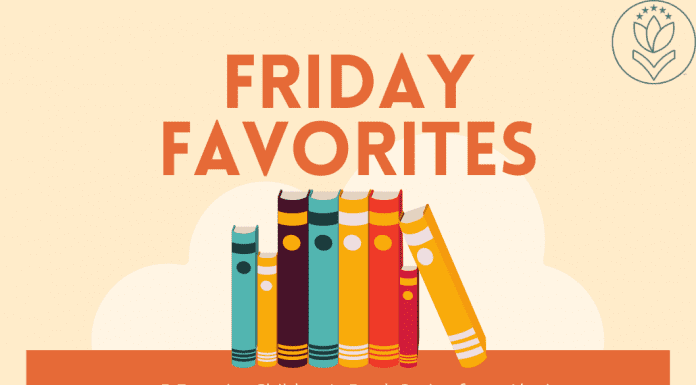 books shelved on an orange rectangle with "Friday Favorites: 5 Favorite Children's Book Series from Alexis" in text