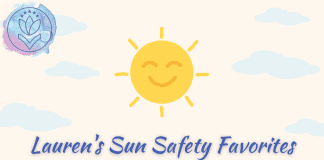 sun with blue clouds and MMC logo, "Lauren's Sun Safety Favorites" in text