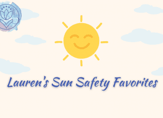 sun with blue clouds and MMC logo, "Lauren's Sun Safety Favorites" in text