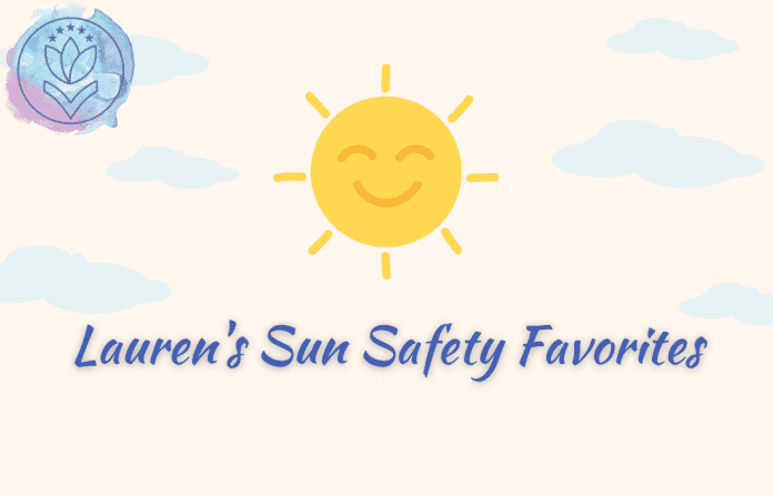 sun with blue clouds and MMC logo, "Lauren's Sun Safety Favorites" in text