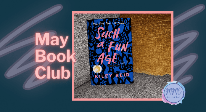 Navy background with pick lettering and Such a Fun Age book and MMC Book Club logo