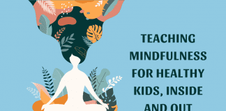 woman with hair flowing of leaves and shapes evoking mindfulness on blue background with "Teaching Mindfulness For Healthy Kids, Inside and Out" in text