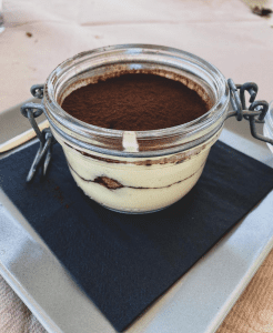 homemade tiramisu in a glass pot