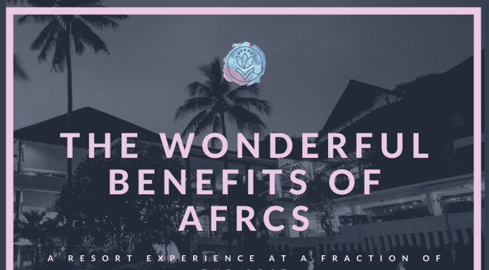 A resort location in shades of grey with MMC logo and "The Wonderful Benefits of AFRCs, A Resort Experience at a Fraction of the Cost" in text