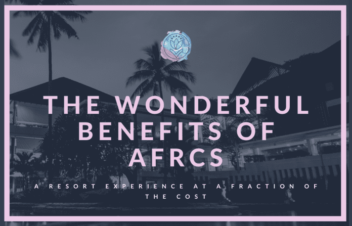 A resort location in shades of grey with MMC logo and "The Wonderful Benefits of AFRCs, A Resort Experience at a Fraction of the Cost" in text