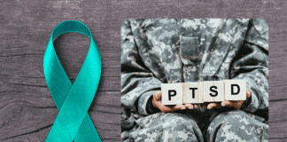 June is PTSD Awareness Month – What to Know + How to Help teal ribbon on wood grain background with a soldier holding blocks spelling PTSD