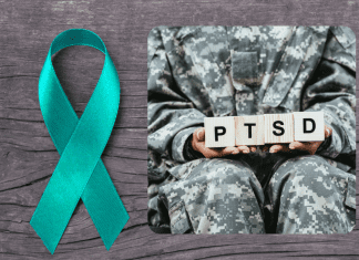 teal ribbon on wood grain background with a soldier holding blocks spelling PTSD