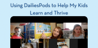 screenshot of DailiesPods classroom with "Using DailiesPods to Help My Kids Learn and Thrive" in text. MMC and DailiesPods logos present.