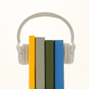 four books together wearing a pair of white headphones