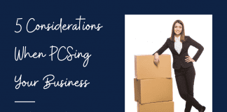 5 Considerations When PCSing Your Business a woman in a business suit with moving boxes and "5 Considerations When PCSing Your Business From The Association of Military Spouse Entrepreneurs" in text