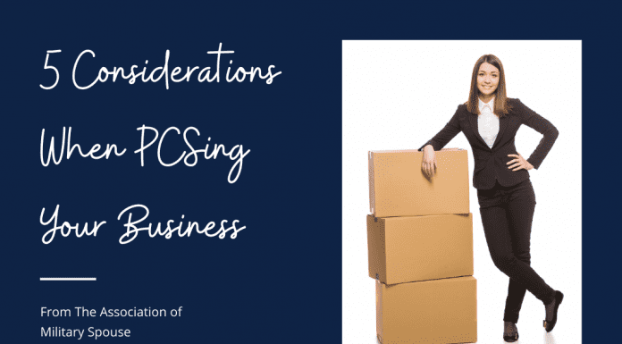 a woman in a business suit with moving boxes and "5 Considerations When PCSing Your Business From The Association of Military Spouse Entrepreneurs" in text