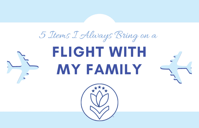 airplanes with white and blue background and "5 Items I Always Bring on a Flight with my Family" in text