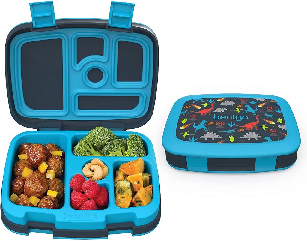 blue bento box with dinosaurs