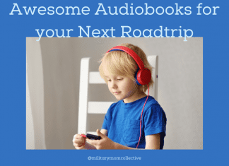 boy listening with headphones on blue background with "Awesome Audiobooks for your Next Roadtrip" in text