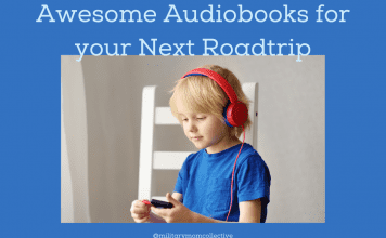 Awesome Audiobooks for Your Next Road Trip boy listening with headphones on blue background with "Awesome Audiobooks for your Next Roadtrip" in text