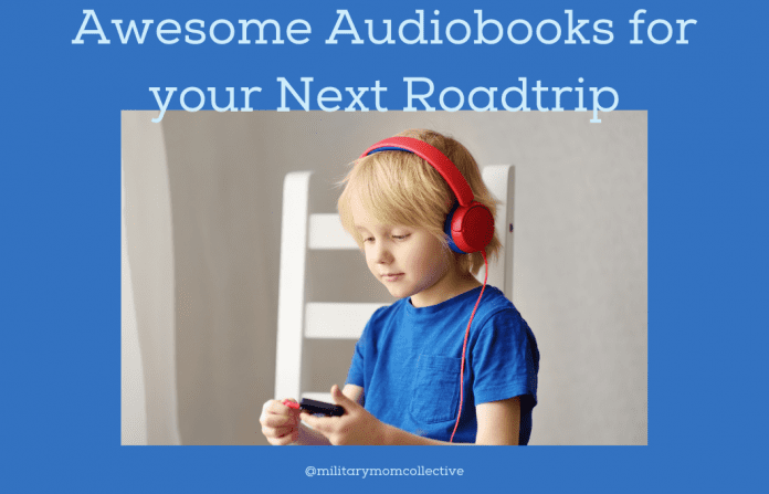 boy listening with headphones on blue background with "Awesome Audiobooks for your Next Roadtrip" in text