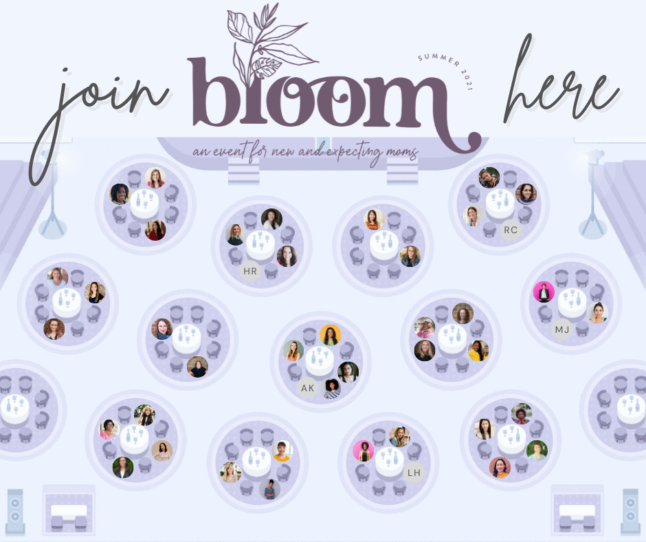 Click Here to Join Bloom - Digital Ballroom with tables and chairs and little avatar images on some chairs.