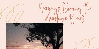 married couple sitting together with gold swirl decor and "Marriage During the Montage Years" in text